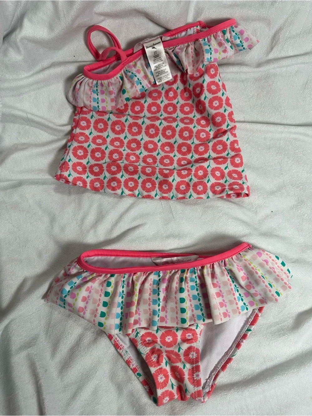 Tommy Bahama Girls Coral Pink Floral One-Shoulder Tankini